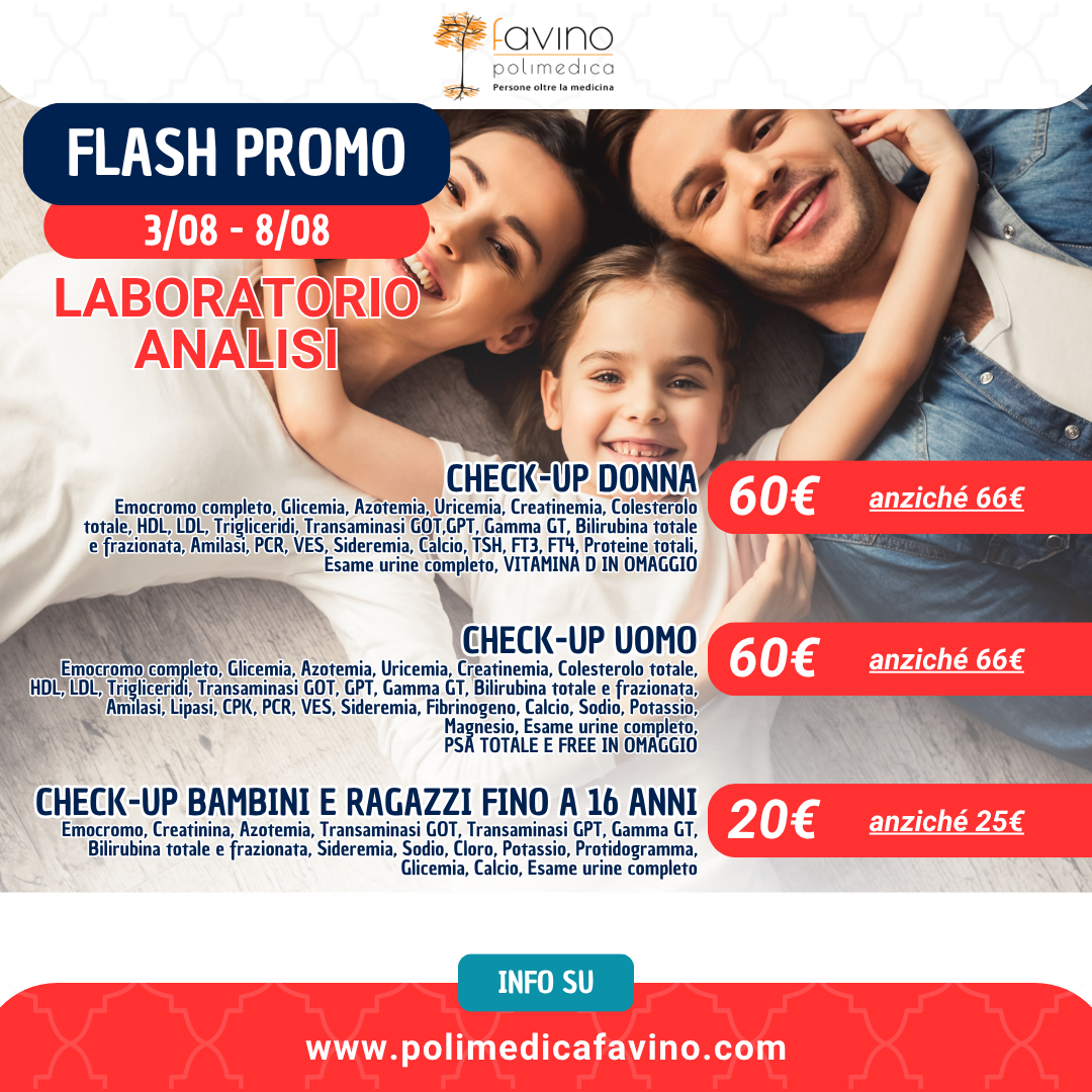 Flash Promo laboratorio analisi Polimedica Favino dal 3 all’8 agosto: check-up donna, uomo e ragazzi