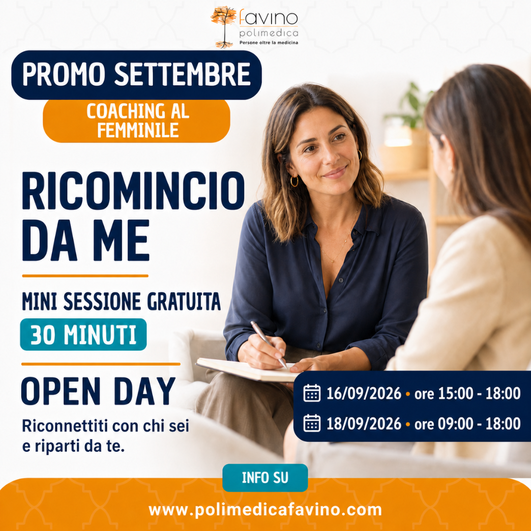 Promo settembre Polimedica Favino: Ricomincio da me, open day di coaching al femminile con Karine Tourolle, mini sessione gratuita di 30 minuti