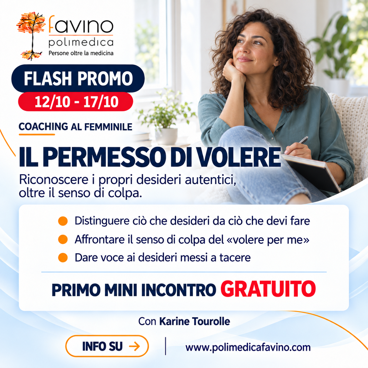 Flash Promo Coaching al Femminile dal 12 al 17 ottobre 2026: Il permesso di volere con Karine Tourolle